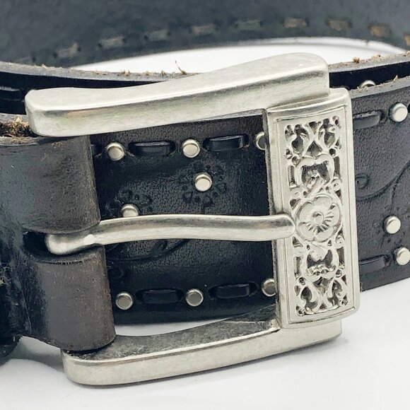 Dark Brown Almost Black Belt floral design silver tone studs filigree buckle L main image 11